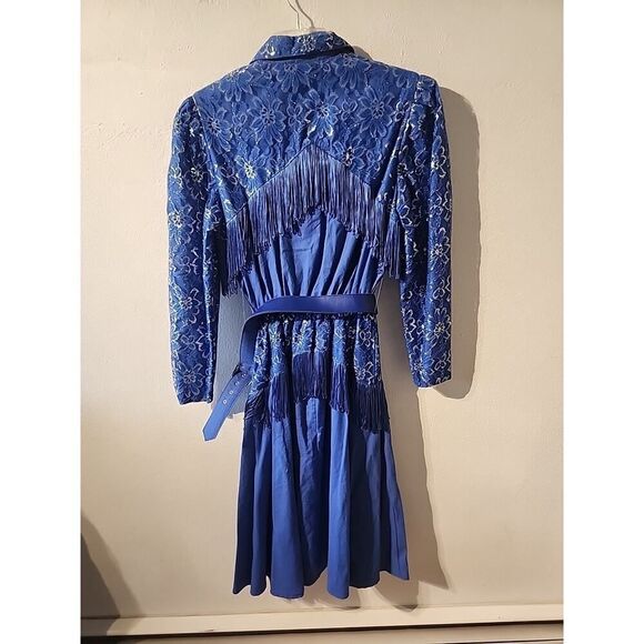 Vtg Lilia Smitty Exclusive Blue Silver Lace Fringe Lace Western Rodeo Dress 9-10 - Picture 5 of 5